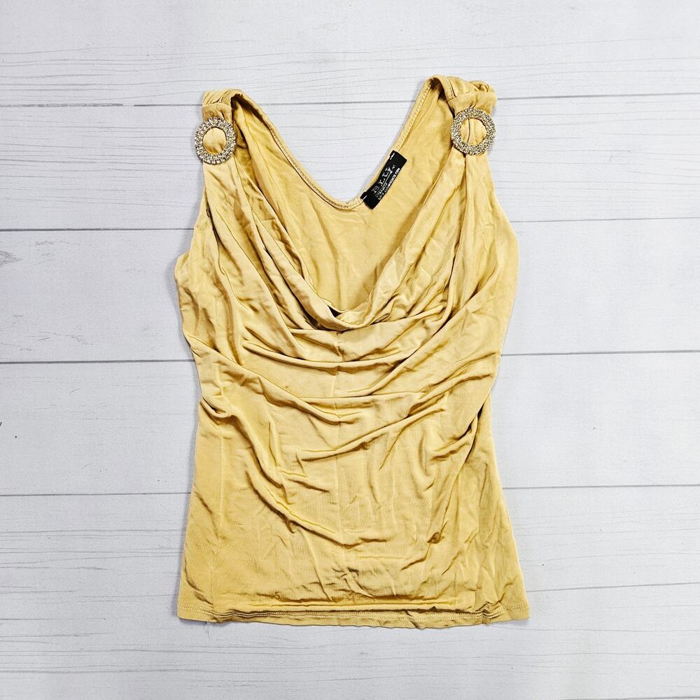 Y2k Euro Top Cowl-Neck Rhinestone Detail Gold Sleeveless Blu Firenze - Small